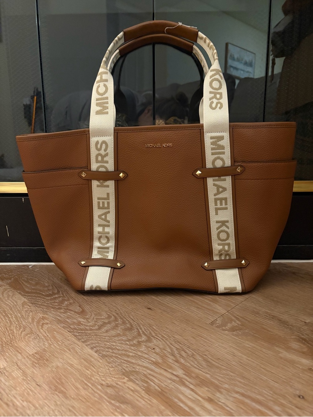 Michael Kors Brown Leather Tote with Cream Logo Straps